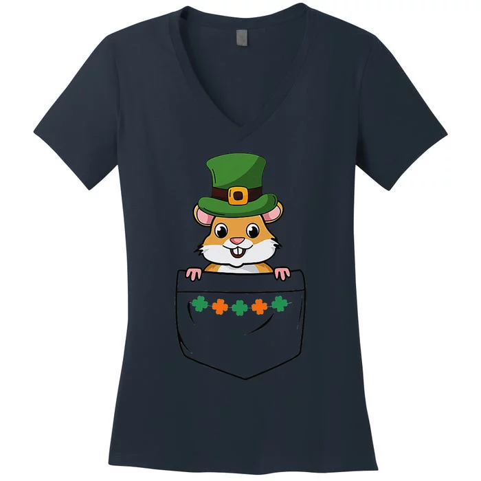 Cute Saint Patrick's Day Hamster With Green Hat In Pocket Women's V-Neck T-Shirt