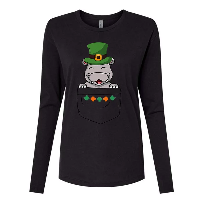 Cute Saint Patrick's Day Hippo With Green Hat In Pocket Womens Cotton Relaxed Long Sleeve T-Shirt