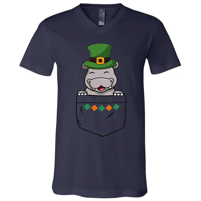 Cute Saint Patrick's Day Hippo With Green Hat In Pocket V-Neck T-Shirt