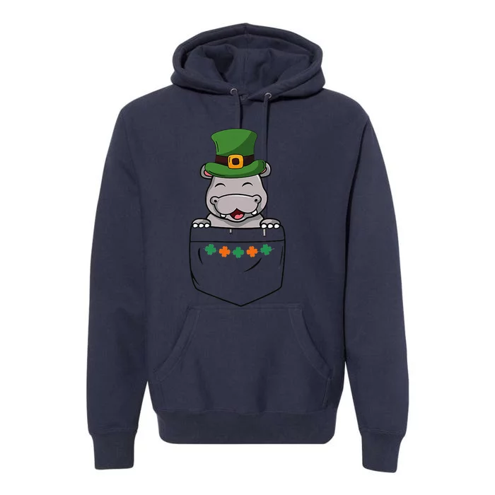 Cute Saint Patrick's Day Hippo With Green Hat In Pocket Premium Hoodie