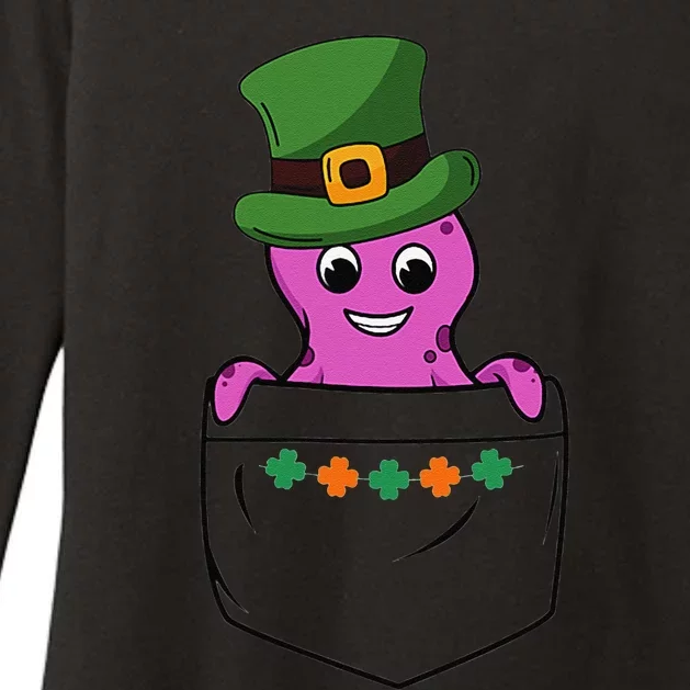 Cute Saint Patrick's Day Octopus With Green Hat In Pocket Womens CVC Long Sleeve Shirt