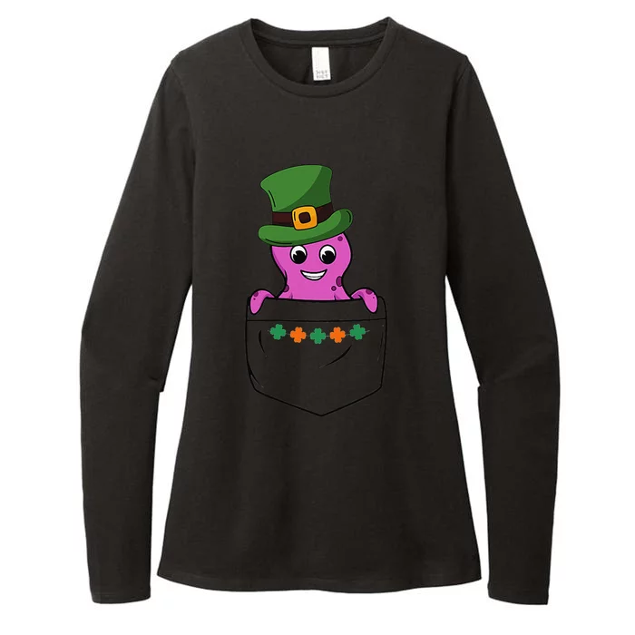 Cute Saint Patrick's Day Octopus With Green Hat In Pocket Womens CVC Long Sleeve Shirt