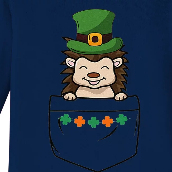 Cute Saint Patrick's Day Porcupine With Green Hat In Pocket Baby Long Sleeve Bodysuit