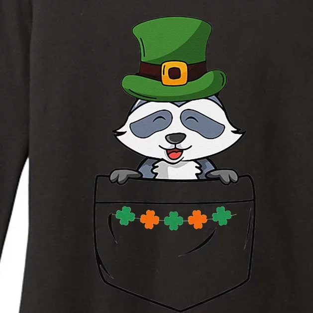 Cute Saint Patrick's Day Raccoon With Green Hat In Pocket Womens CVC Long Sleeve Shirt