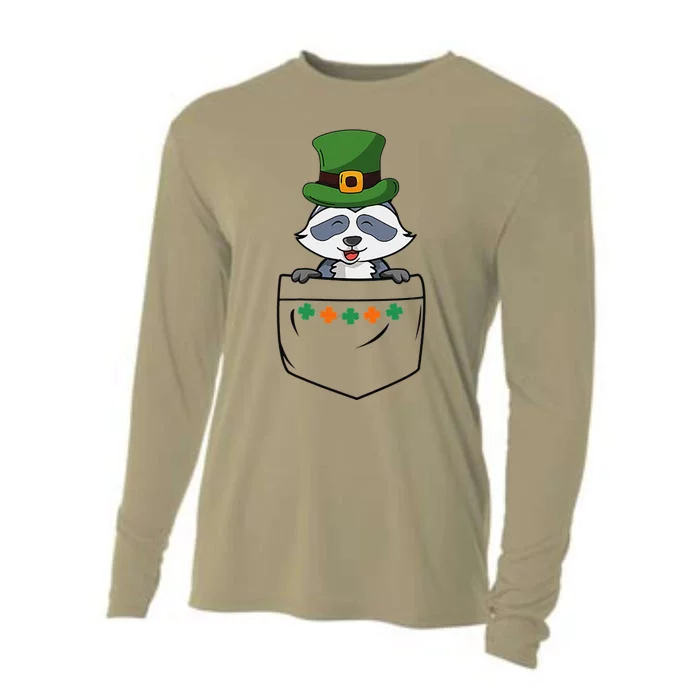 Cute Saint Patrick's Day Raccoon With Green Hat In Pocket Cooling Performance Long Sleeve Crew