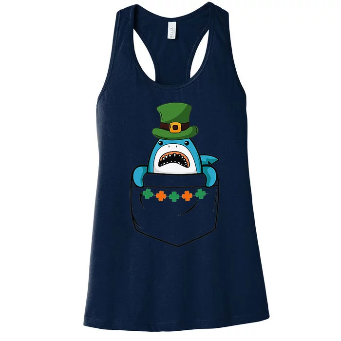 Cute Saint Patrick's Day Shark With Green Hat In Pocket Women's Racerback Tank