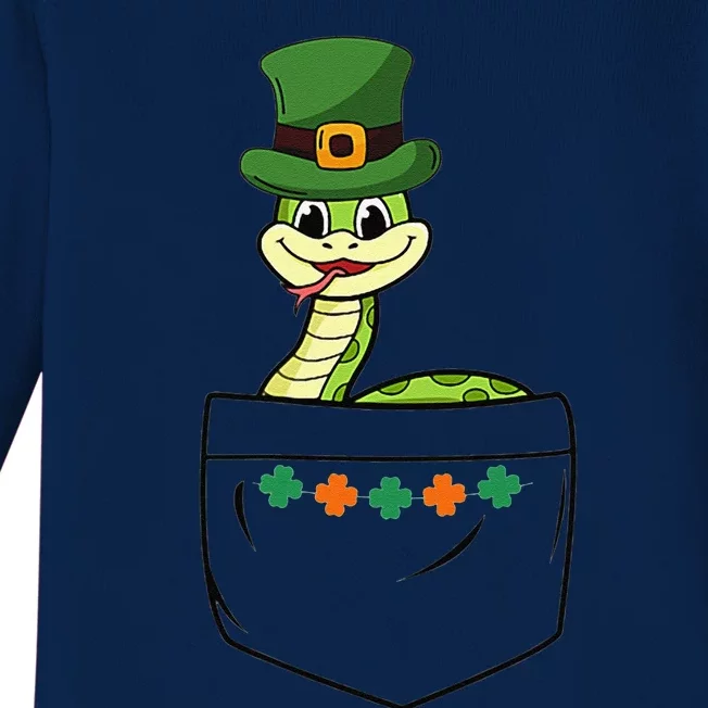 Cute Saint Patrick's Day Snake With Green Hat In Pocket Baby Long Sleeve Bodysuit