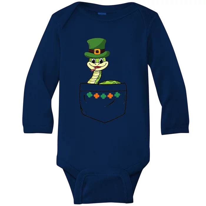 Cute Saint Patrick's Day Snake With Green Hat In Pocket Baby Long Sleeve Bodysuit