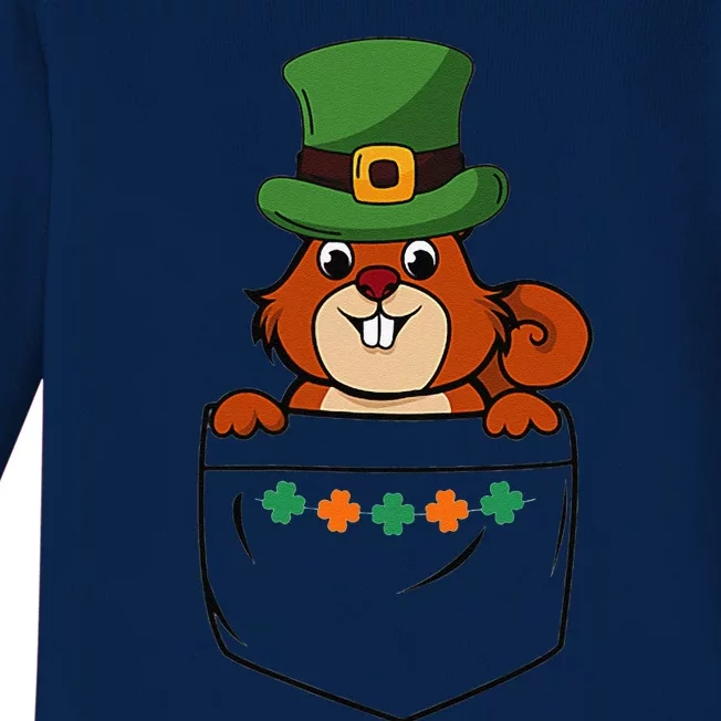 Cute Saint Patrick's Day Squirrel With Green Hat In Pocket Baby Long Sleeve Bodysuit