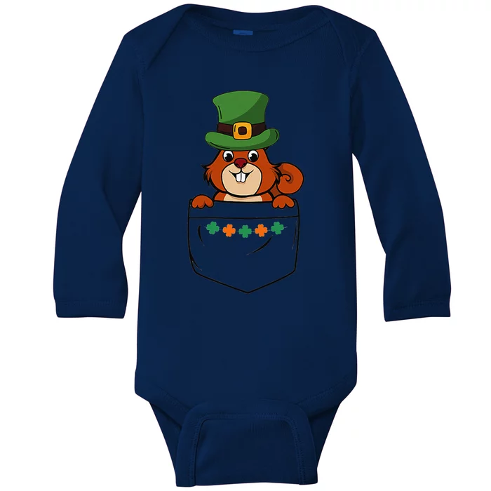 Cute Saint Patrick's Day Squirrel With Green Hat In Pocket Baby Long Sleeve Bodysuit