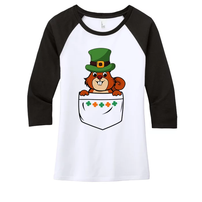 Cute Saint Patrick's Day Squirrel With Green Hat In Pocket Women's Tri-Blend 3/4-Sleeve Raglan Shirt