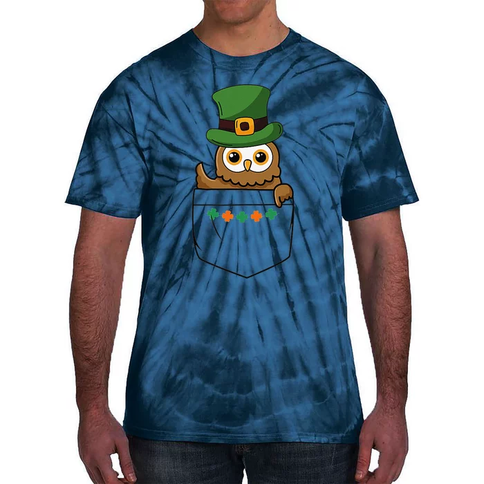 Cute Saint Patrick's Owl With Green Hat In Pocket Tie-Dye T-Shirt