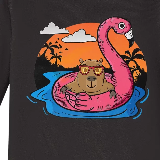 Capybara Swimming Pool Lover Flamingo Capybara Baby Long Sleeve Bodysuit