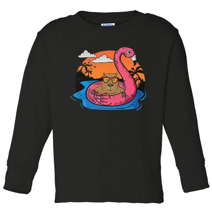 Capybara Swimming Pool Lover Flamingo Capybara Toddler Long Sleeve Shirt