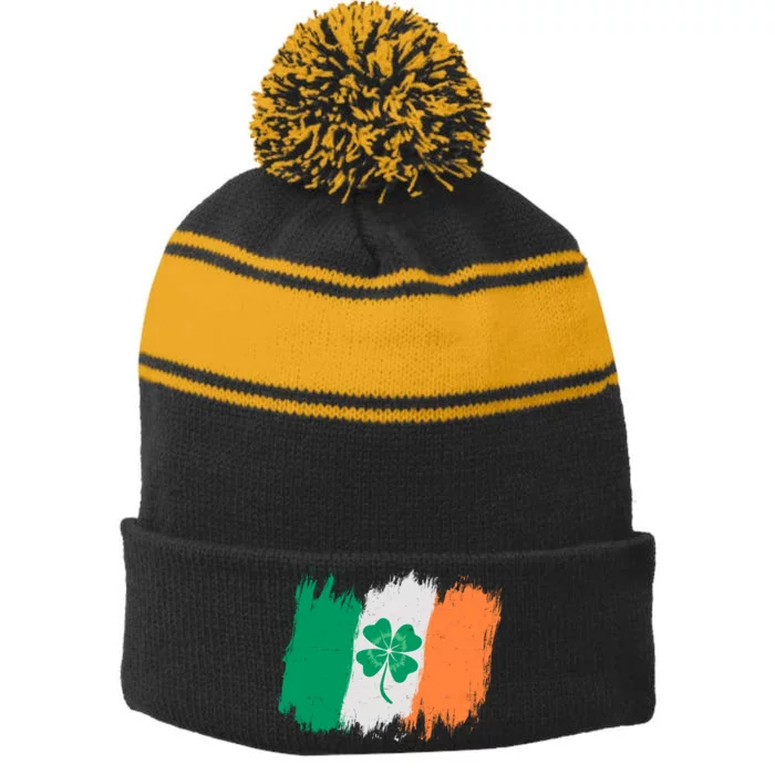 Cool St Patrick's Day Painted Distressed Irish Shamrock Flag Stripe Pom Pom Beanie