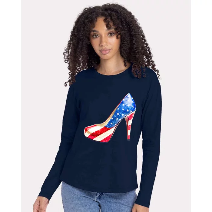 Cute Sparkly Patriotic American Usa Flag Heels Shoes Womens Cotton Relaxed Long Sleeve T-Shirt