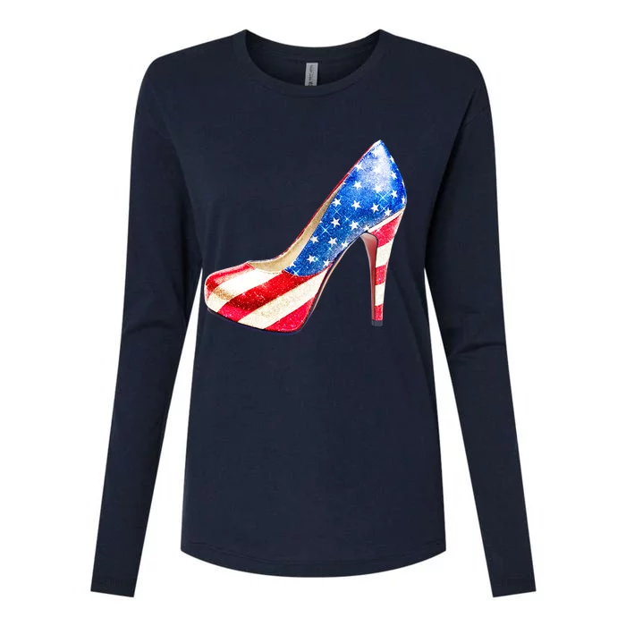 Cute Sparkly Patriotic American Usa Flag Heels Shoes Womens Cotton Relaxed Long Sleeve T-Shirt