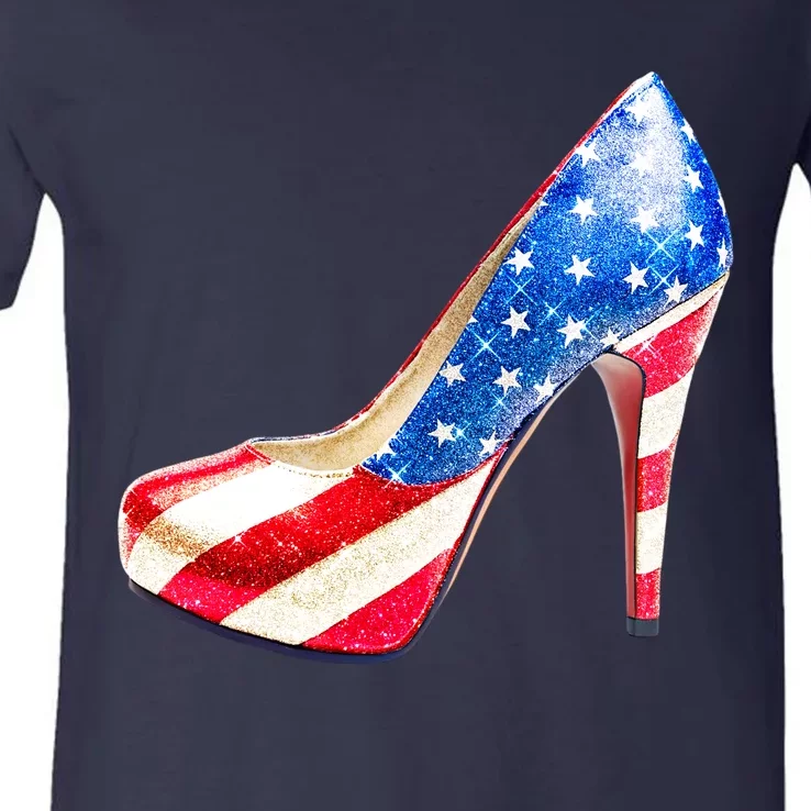 Cute Sparkly Patriotic American Usa Flag Heels Shoes V-Neck T-Shirt