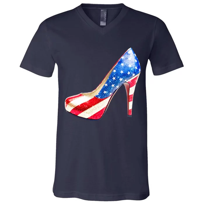 Cute Sparkly Patriotic American Usa Flag Heels Shoes V-Neck T-Shirt