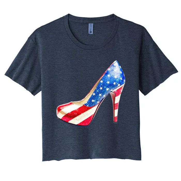 Cute Sparkly Patriotic American Usa Flag Heels Shoes Women's Crop Top Tee