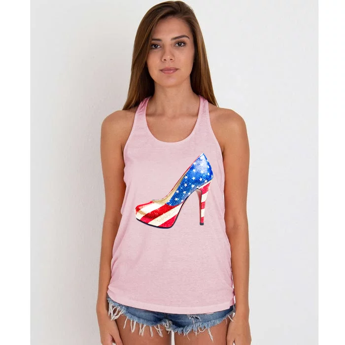 Cute Sparkly Patriotic American Usa Flag Heels Shoes Women's Knotted Racerback Tank