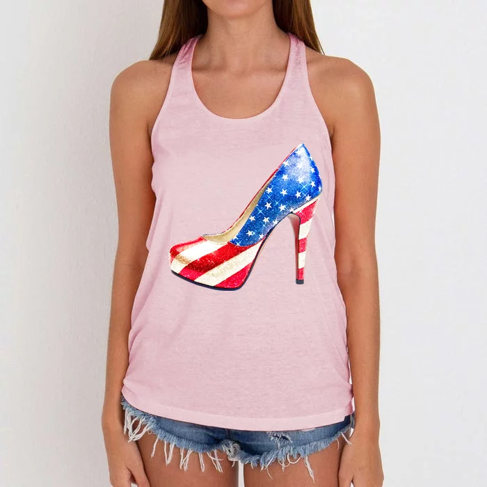 Cute Sparkly Patriotic American Usa Flag Heels Shoes Women's Knotted Racerback Tank