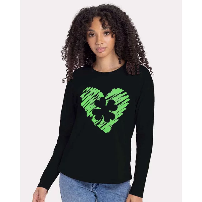 Cute St Patrick's Day Scribble Shamrock Heart Womens Cotton Relaxed Long Sleeve T-Shirt