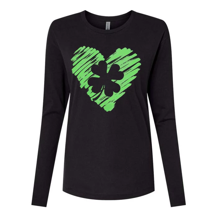 Cute St Patrick's Day Scribble Shamrock Heart Womens Cotton Relaxed Long Sleeve T-Shirt