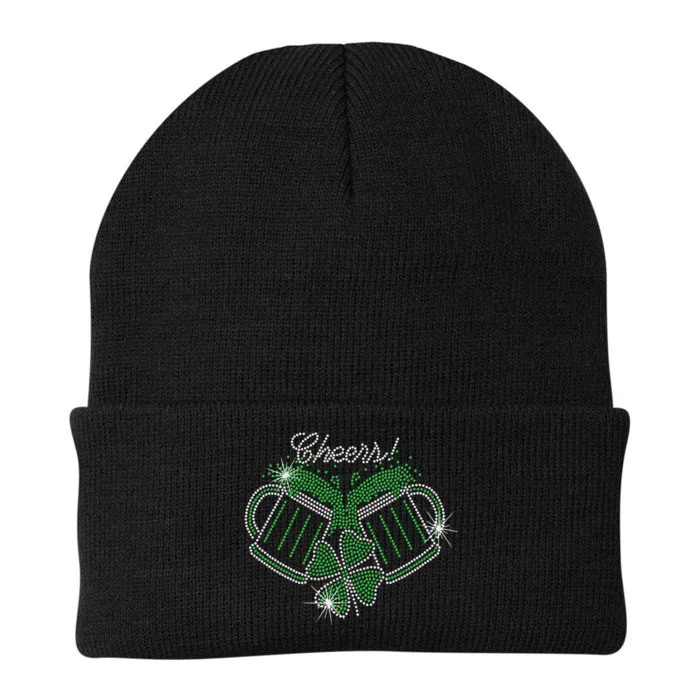 Cheers St Patricks Day Drink Beer Bling Rhinestone Shamrock Knit Cap Winter Beanie