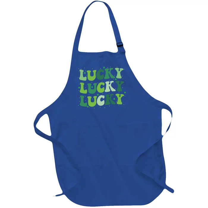 Cute St Patricks Day Lucky Retro Groovy Green Shamrock Full-Length Apron With Pocket