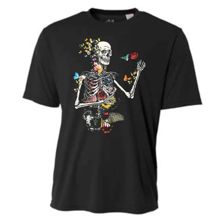 Cool Skeleton Plant Nature Flower Halloween Cooling Performance Crew T-Shirt