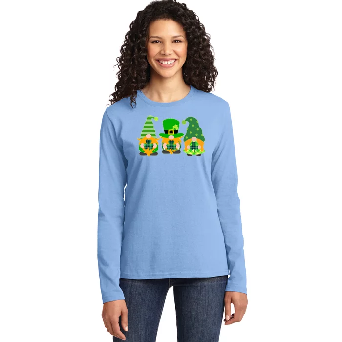 Cute St Patrick's Day Shamrock Gnomes Multi Patterns Ladies Long Sleeve Shirt