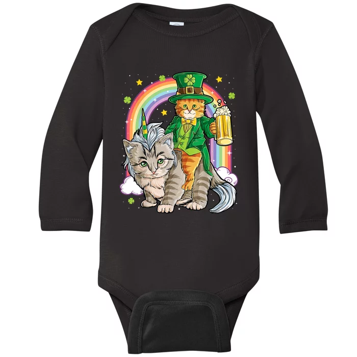 Cat St Patricks Day Leprechaun Riding Caticorn Unicorn Baby Long Sleeve Bodysuit