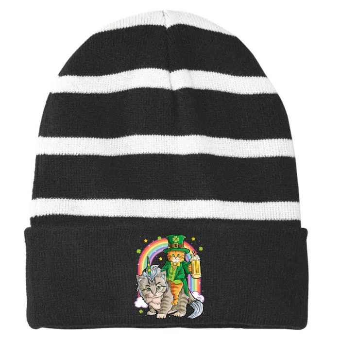 Cat St Patricks Day Leprechaun Riding Caticorn Unicorn Striped Beanie with Solid Band