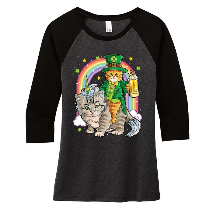 Cat St Patricks Day Leprechaun Riding Caticorn Unicorn Women's Tri-Blend 3/4-Sleeve Raglan Shirt