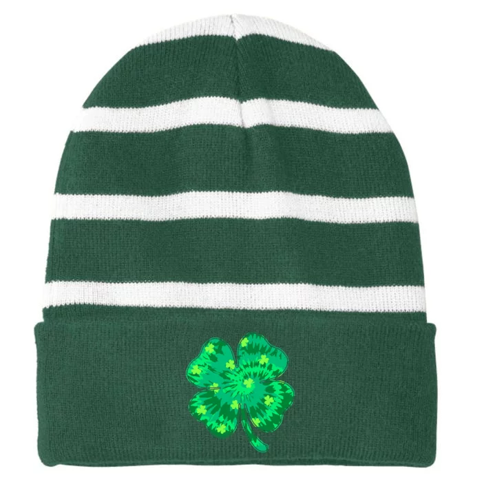 Cute St Patricks Day Tie Dye Shamrock Clover Striped Beanie with Solid Band