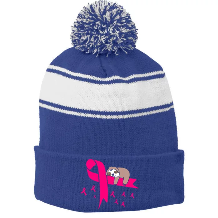 Cute Sloth Pink Ribbon Warrior Breast Cancer Awareness Gift Stripe Pom Pom Beanie