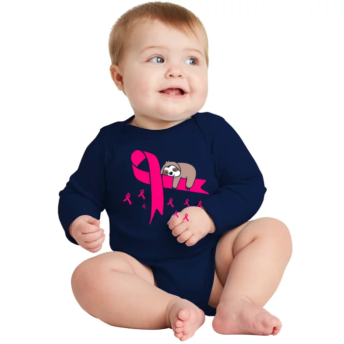 Cute Sloth Pink Ribbon Warrior Breast Cancer Awareness Gift Baby Long Sleeve Bodysuit