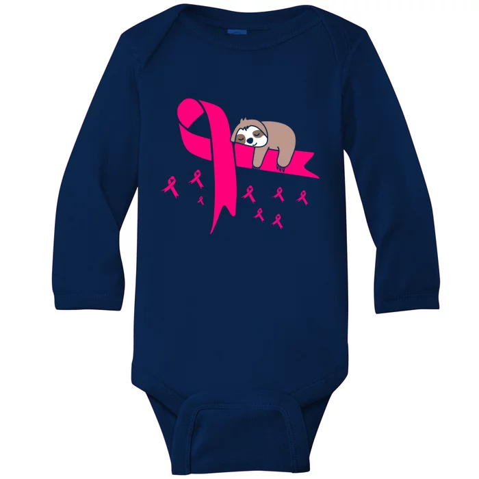 Cute Sloth Pink Ribbon Warrior Breast Cancer Awareness Gift Baby Long Sleeve Bodysuit