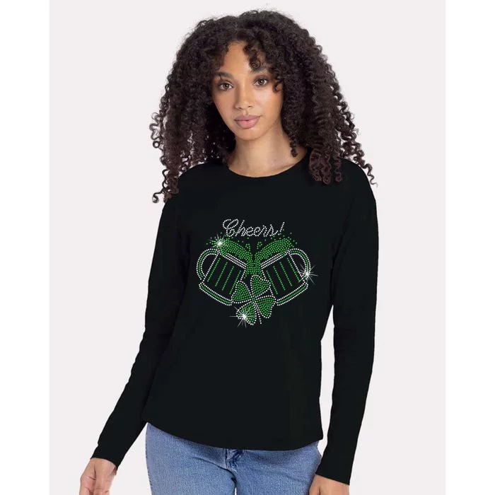 Cheers St Patricks Day Drink Beer Bling Rhinestone Shamrock Womens Cotton Relaxed Long Sleeve T-Shirt