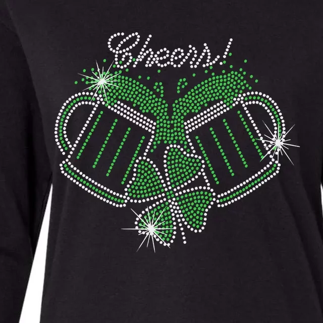 Cheers St Patricks Day Drink Beer Bling Rhinestone Shamrock Womens Cotton Relaxed Long Sleeve T-Shirt