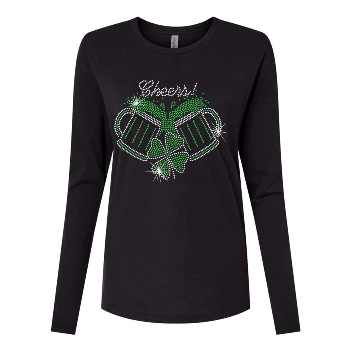 Cheers St Patricks Day Drink Beer Bling Rhinestone Shamrock Womens Cotton Relaxed Long Sleeve T-Shirt