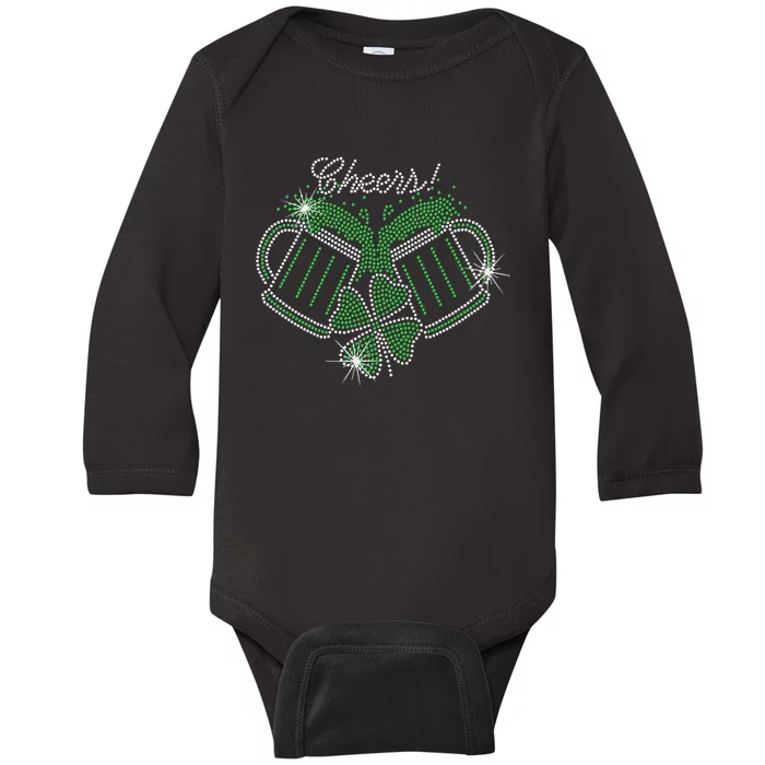 Cheers St Patricks Day Drink Beer Bling Rhinestone Shamrock Baby Long Sleeve Bodysuit