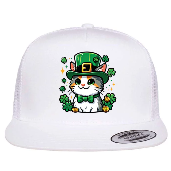 Cat St Patrick Day Lucky Irish Shamrock Cat Leprechaun Meaningful Gift Flat Bill Trucker Hat