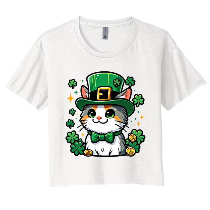 Cat St Patrick Day Lucky Irish Shamrock Cat Leprechaun Meaningful Gift Women's Crop Top Tee