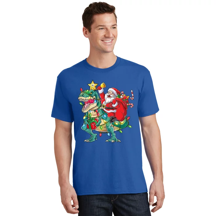 Christmas Santa Riding Dinosaur Tree Rex Pajamas Xmas Lights Gift T-Shirt