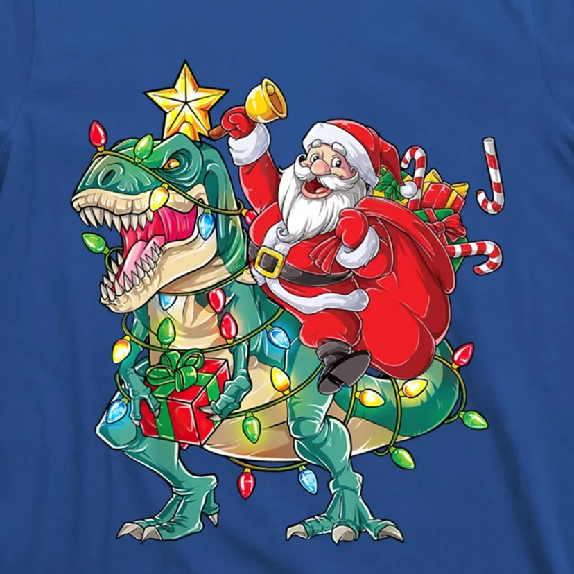 Christmas Santa Riding Dinosaur Tree Rex Pajamas Xmas Lights Gift T-Shirt