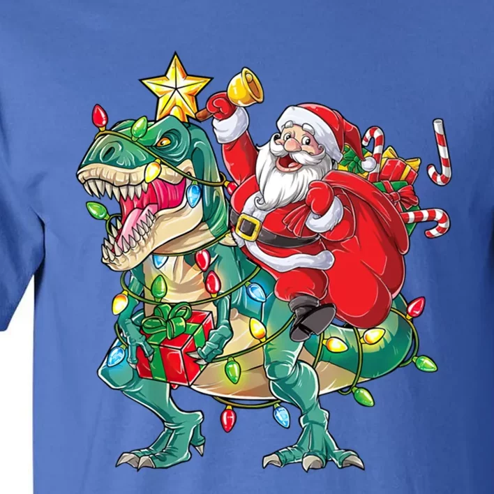 Christmas Santa Riding Dinosaur Tree Rex Pajamas Xmas Lights Gift Tall T-Shirt