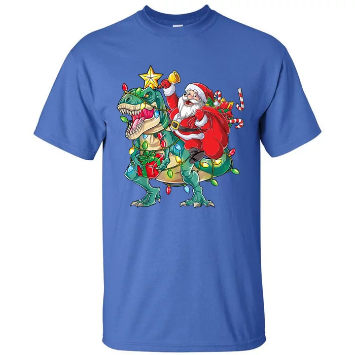 Christmas Santa Riding Dinosaur Tree Rex Pajamas Xmas Lights Gift Tall T-Shirt