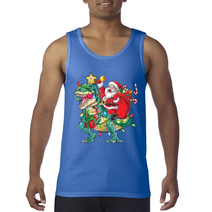 Christmas Santa Riding Dinosaur Tree Rex Pajamas Xmas Lights Gift Tank Top